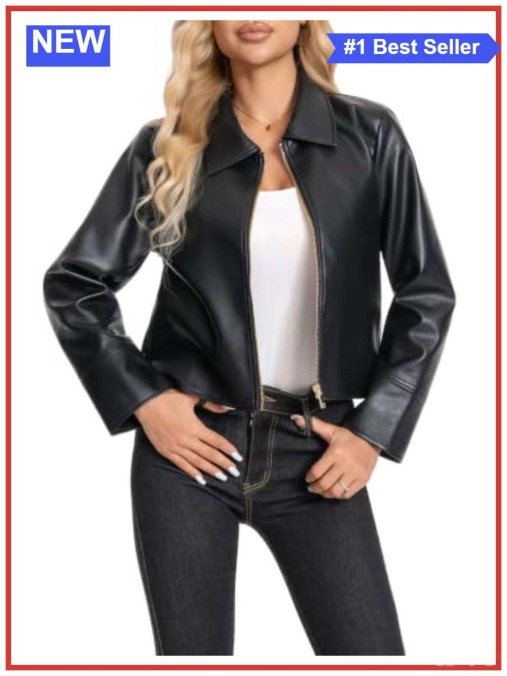Faux Leather Cropped Moto Jacket Slim Fit Zip Windproof Coat